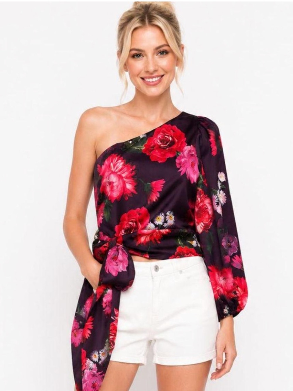 Express One-Shoulder Floral Satin Top in Purple and Red